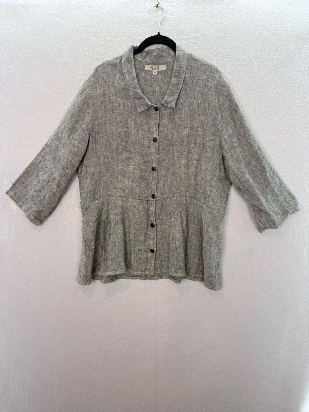 Flax - women’s 100% linen button down shirt 7/8 sleeve collared grey top size M